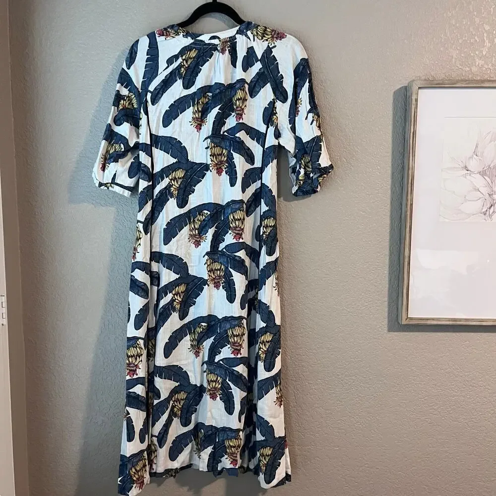 H&M Desmond & Dempsey Collaboration Kaftan Dress Viscose Linen Tropical XS Midi